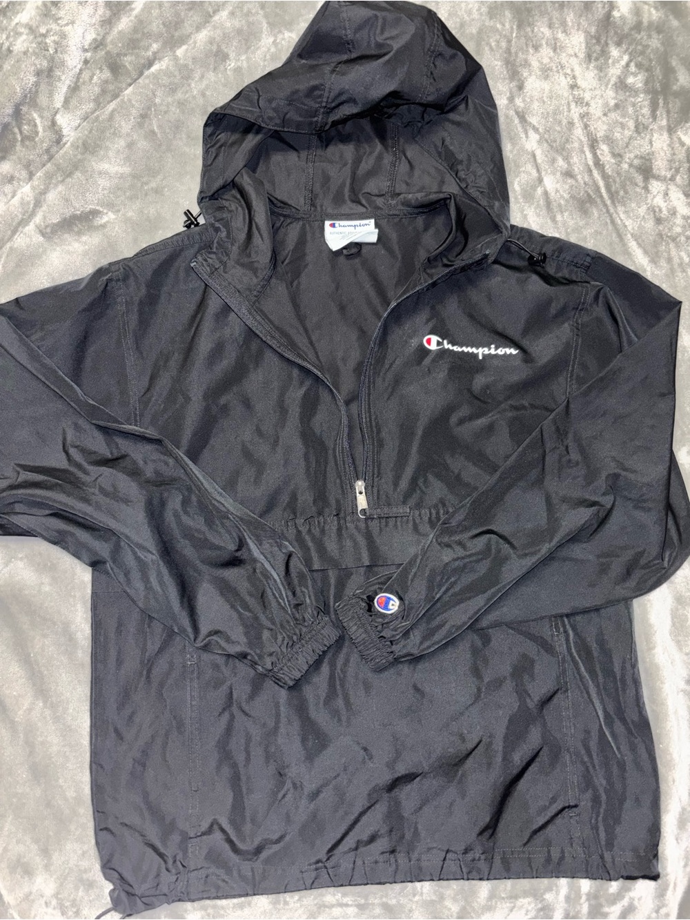 Champion Black Jacket with Hood and Tag Detail